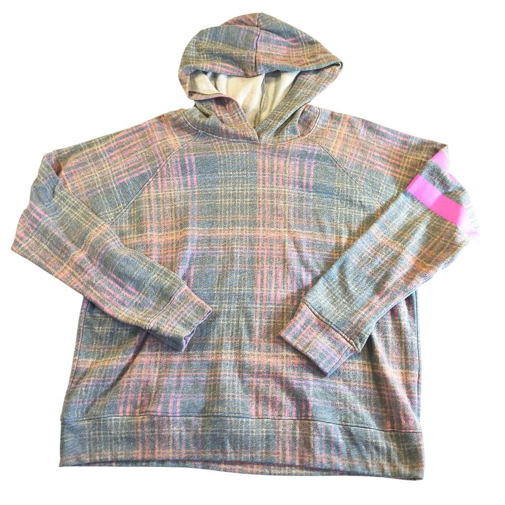 Sundry Plaid Hoodie Pink‎ Stripe Sleeve Women's Sweatshirt Relaxed Cozy